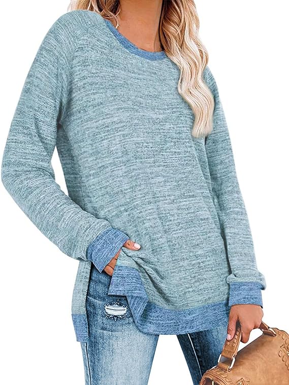 Womens Sweatshirts Casual Long Sleeve Color Block Crewneck Sweaters Tunic Tops