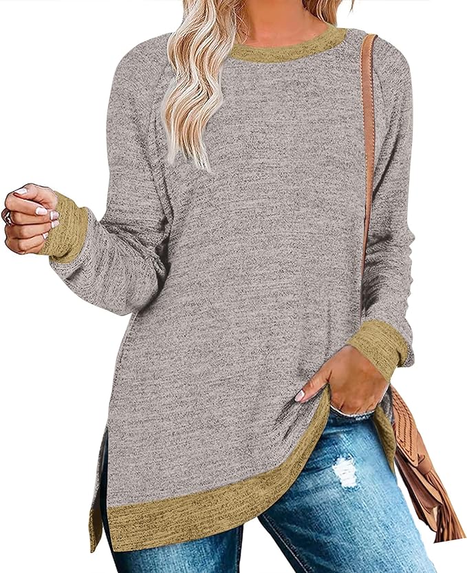 Womens Sweatshirts Casual Long Sleeve Color Block Crewneck Sweaters Tunic Tops