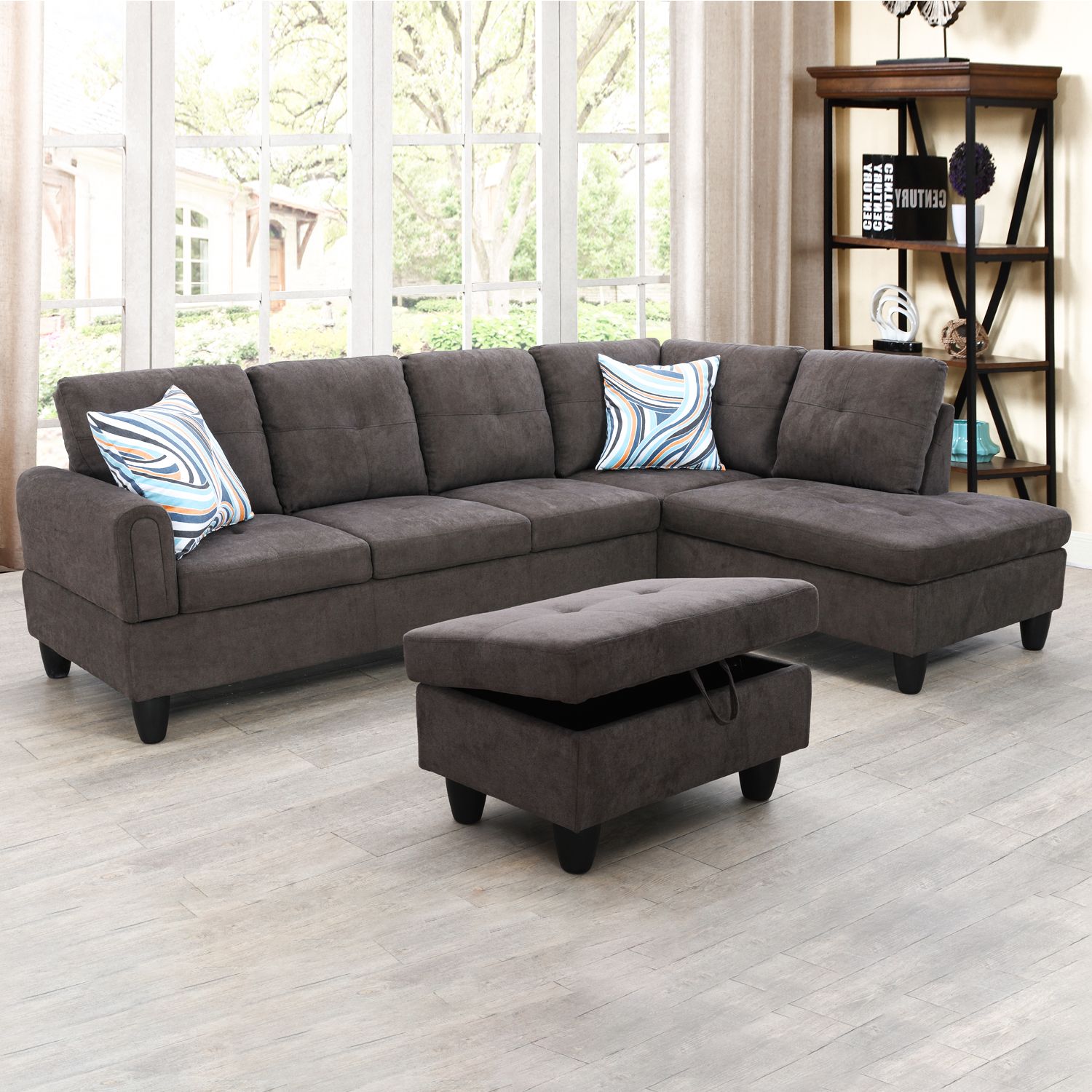 Dark Brown Flannel Living Room Sofa Set