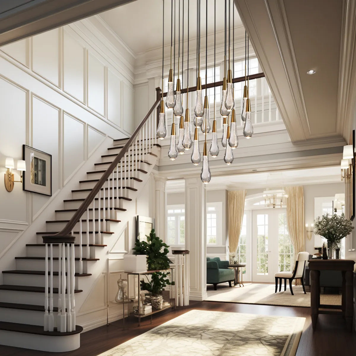 Solitaire Raindrop Round Chandelier for staircase