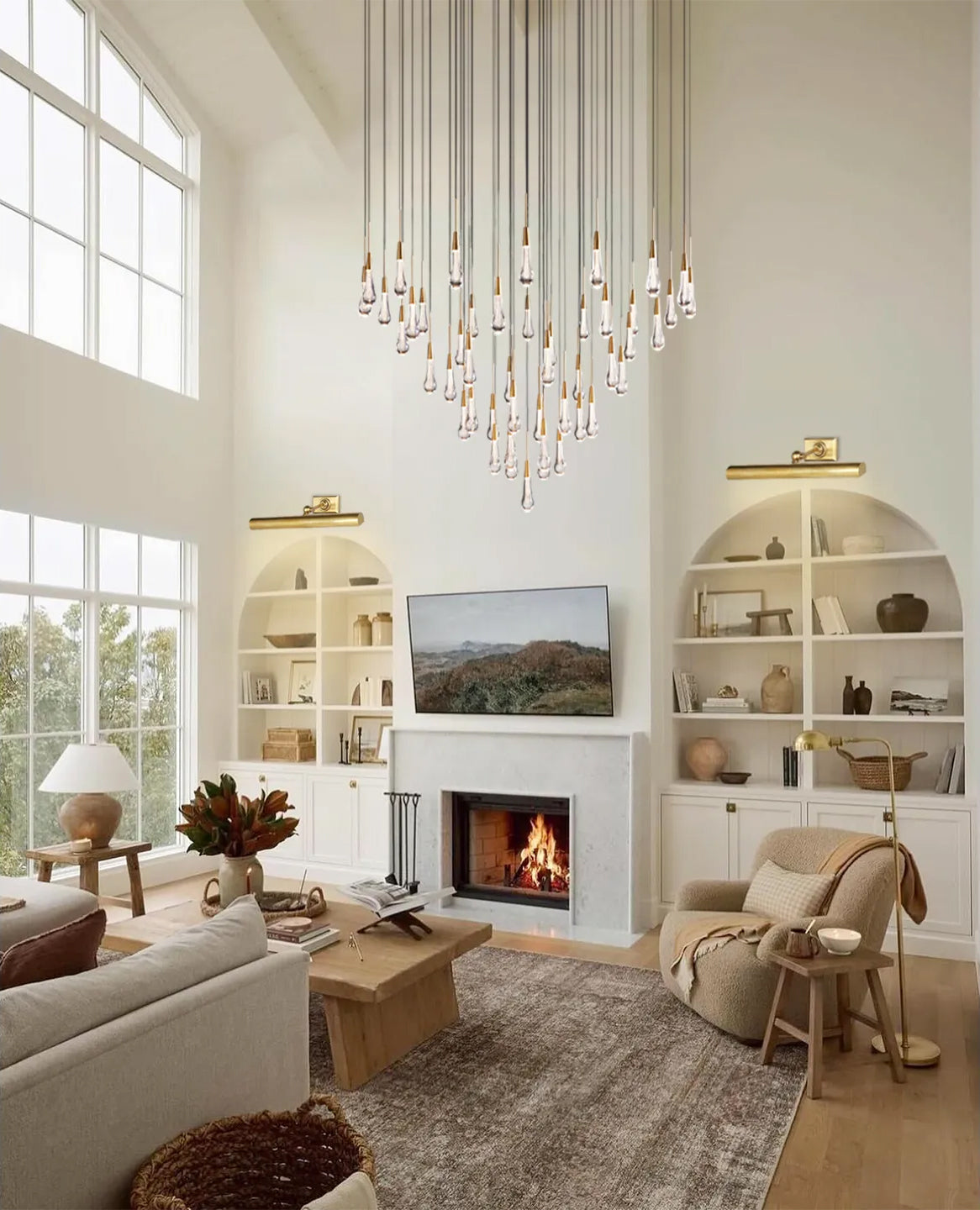 Solitaire Raindrop Round Chandelier for living room with high ceiling