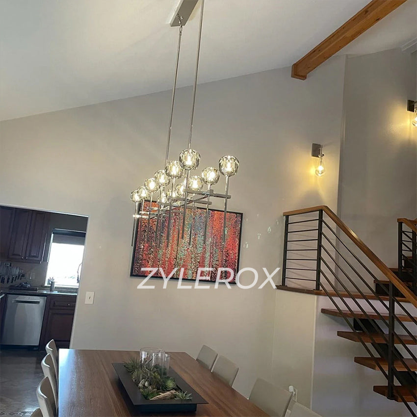 Boule De Cristal Clear Glass Double Linear Chandelier 60 Inch for Dining Area with vaulted ceiling