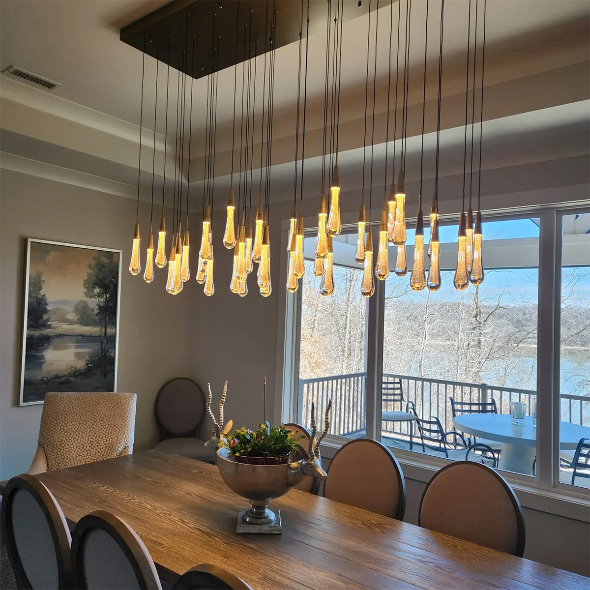 Solitaire Raindrop linear Chandelier for dining table