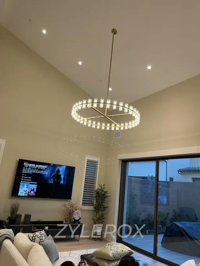 Arcachon Round Crystal Industrial Chandelier 60-Inch for Living Room with Vaulted Ceiling