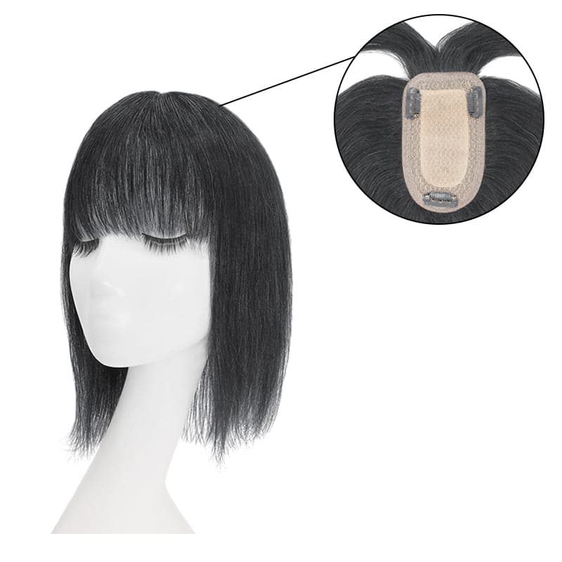 Jet Black Human Hair Topper With Bangs For Women Thinning Crown 7*13cm Base