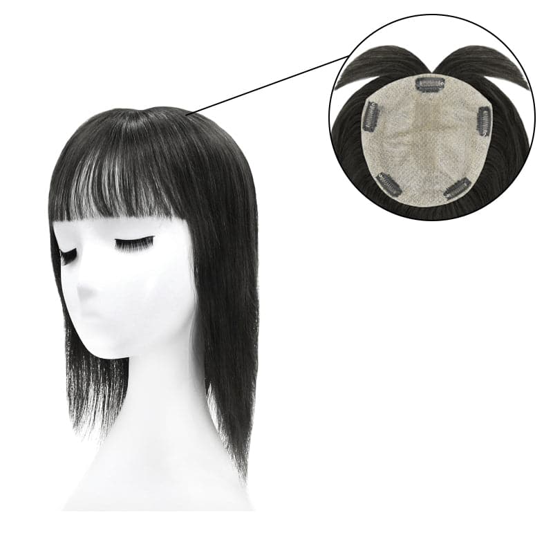 Human Hair Topper With Bangs Natural Black 15*16cm Base