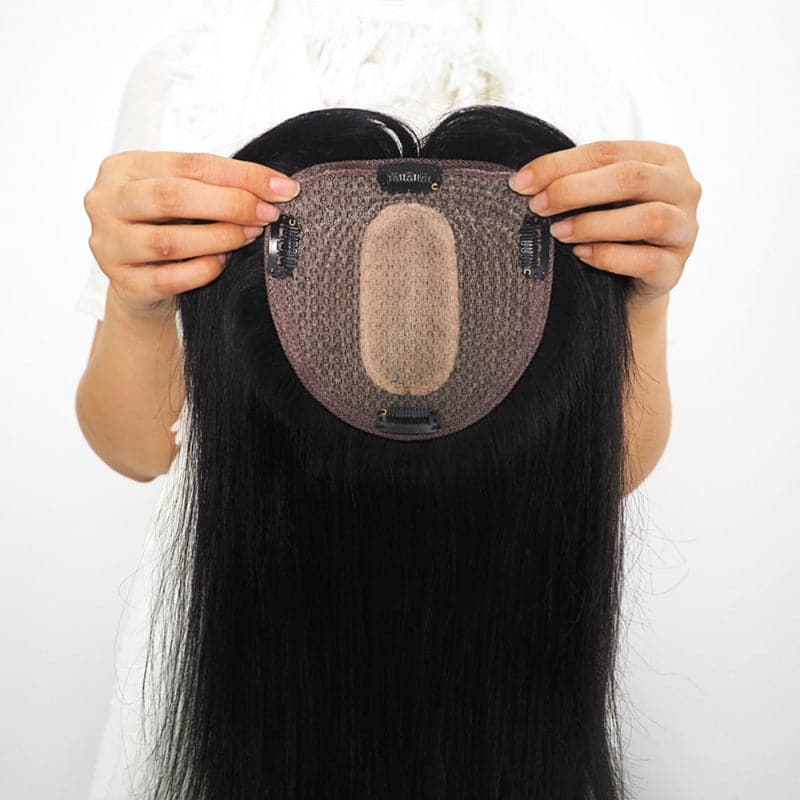 Natural Black Human Hair Topper With Bangs For Women Hair Loss 13*13 cm Silk Base