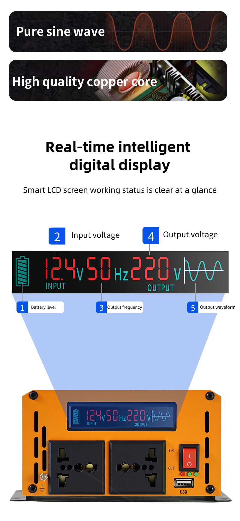 DC 48v/60v Auto to AC 220v Power Inverter 1000w/1500kw/2000kw Pure Sine Wave