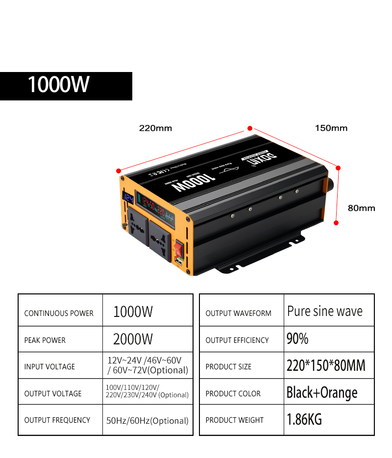 DC 48v/60v Auto to AC 220v Power Inverter 1000w/1500kw/2000kw Pure Sine Wave