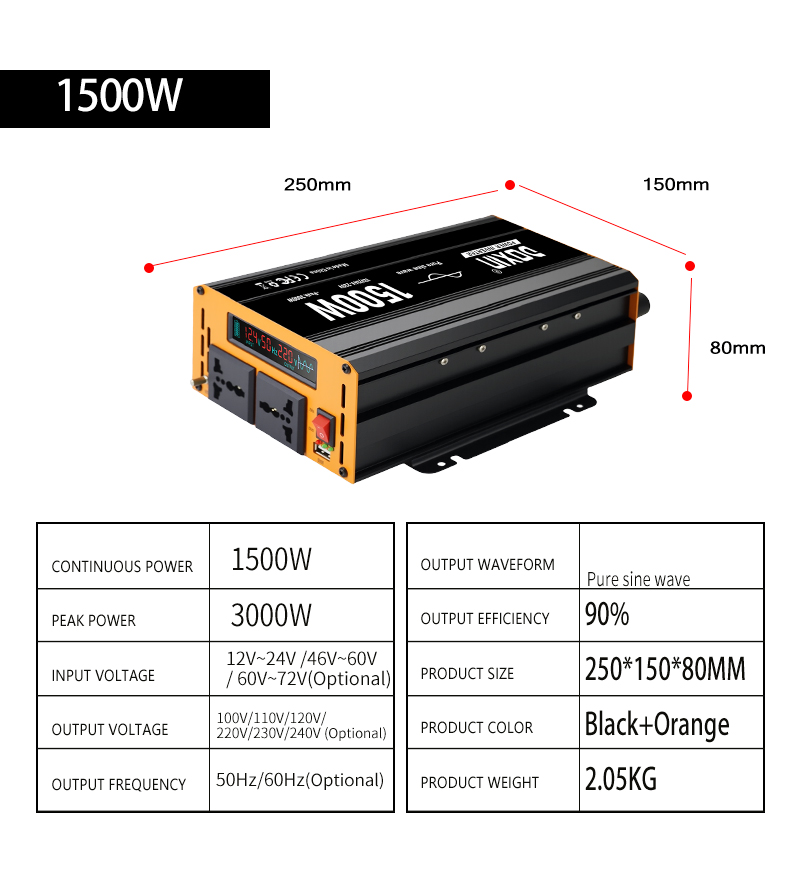 DC 48v/60v Auto to AC 220v Power Inverter 1000w/1500kw/2000kw Pure Sine Wave