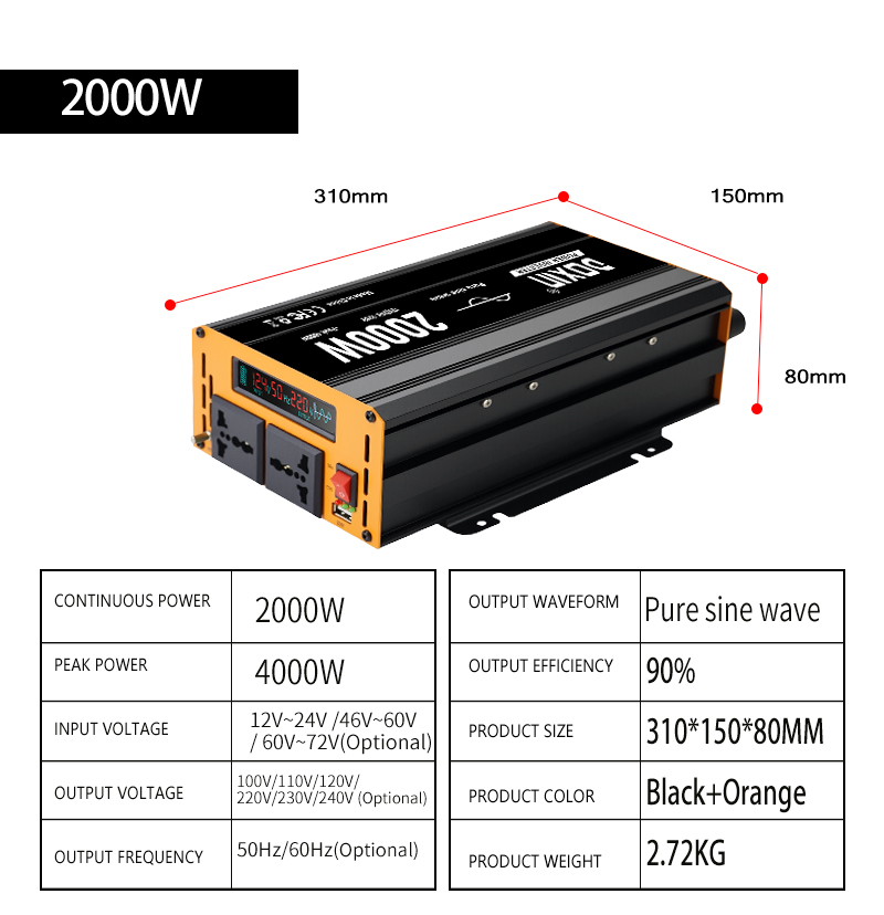 DC 48v/60v Auto to AC 220v Power Inverter 1000w/1500kw/2000kw Pure Sine Wave