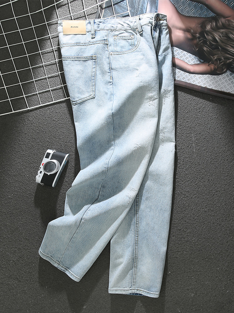 American washed distressed blue jeans for men 2023 new trendy cat scratched loose straight pants
