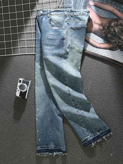 American distressed paint jeans for men 2023 spring and summer new high street trendy loose wide-leg pants raw edge trousers