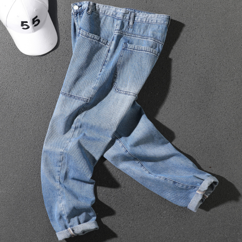 Korean style jeans for men spring new style large pocket loose straight pants blue personalized versatile casual trousers