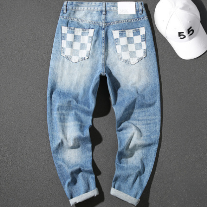 Handsome jeans for men, loose and trendy ripped plaid print washed blue ripped trend trousers pure cotton versatile