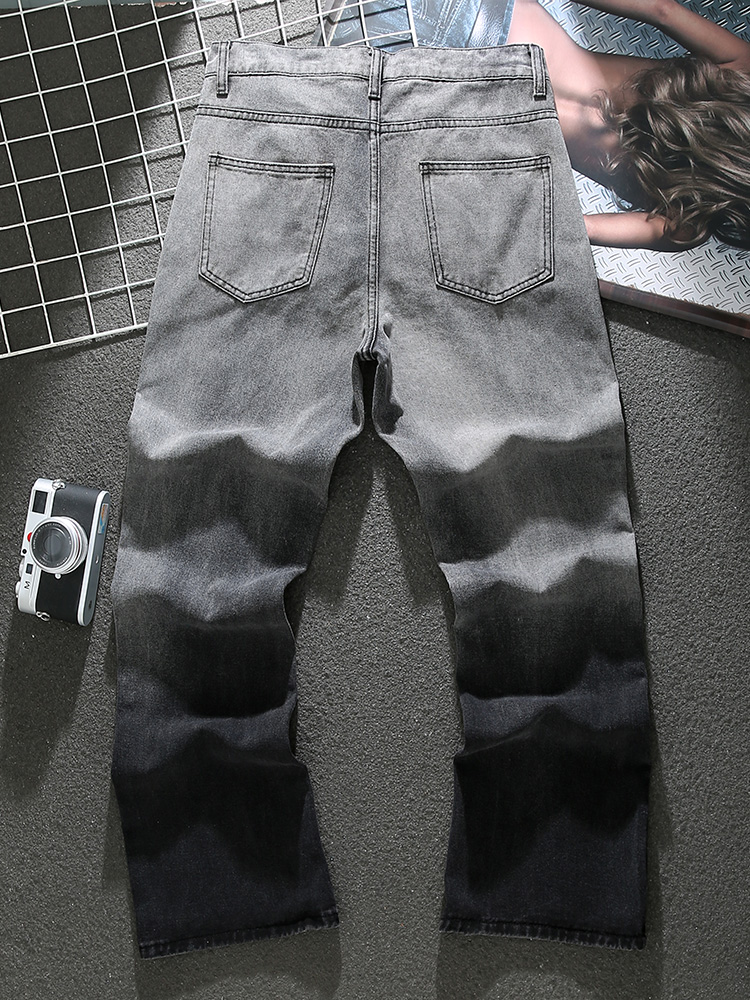 American Gradient Gray Jeans Men's Spring and Summer New Trendy Loose Large Size Distressed Washed Wide-Leg Trousers