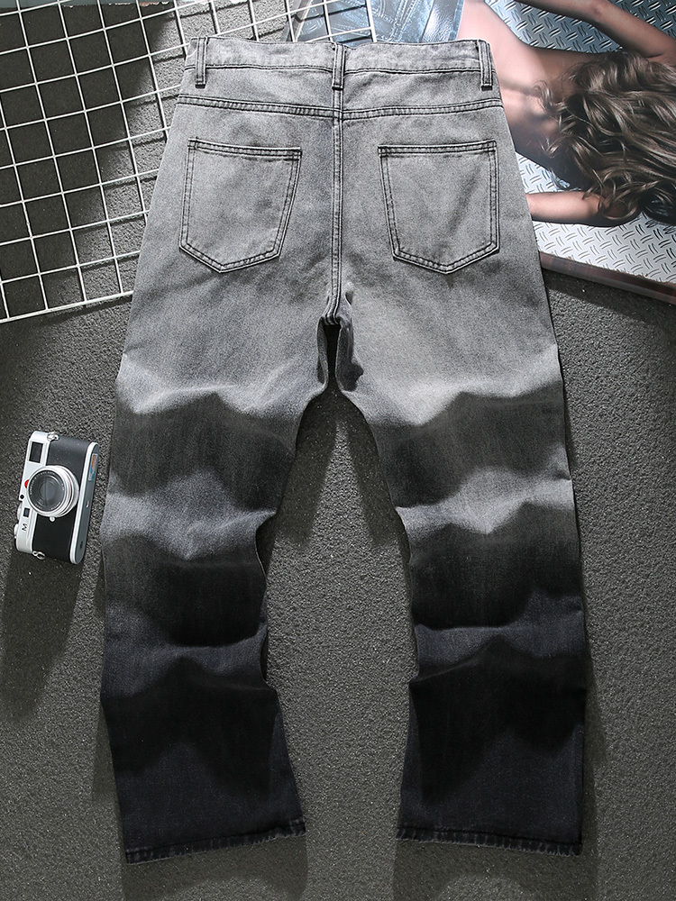 American Gradient Gray Jeans Men's Spring and Summer New Trendy Loose Large Size Distressed Washed Wide-Leg Trousers
