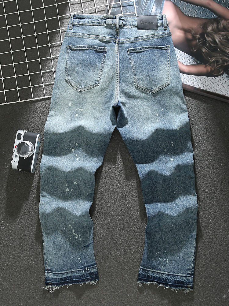 American distressed paint jeans for men 2023 spring and summer new high street trendy loose wide-leg pants raw edge trousers