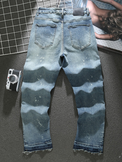 American distressed paint jeans for men 2023 spring and summer new high street trendy loose wide-leg pants raw edge trousers