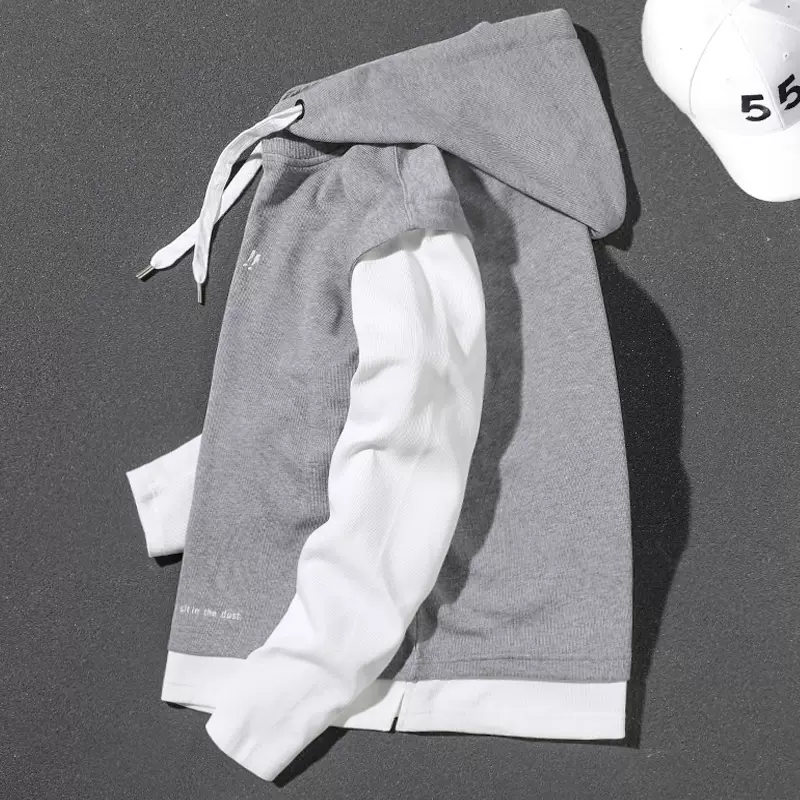 Handsome heavyweight gray fake two-piece 2023 spring, autumn and winter hooded large size top loose pullover long-sleeved sweatshirt for men