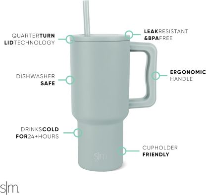Simple Modern 40 oz Tumbler with Handle and Straw Lid | Insulated Cup Reusable Stainless Steel Water Bottle Travel Mug Cupholder Friendly | Gifts for Women Him Her | Trek Collection | Sea Glass Sage