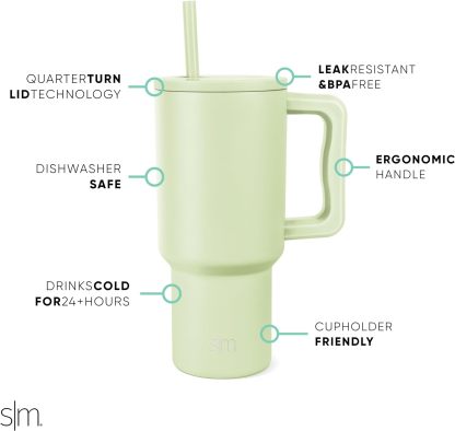 Simple Modern 40 oz Tumbler with Handle and Straw Lid | Insulated Cup Reusable Stainless Steel Water Bottle Travel Mug Cupholder Friendly | Gifts for Women Him Her | Trek Collection | Sea Glass Sage