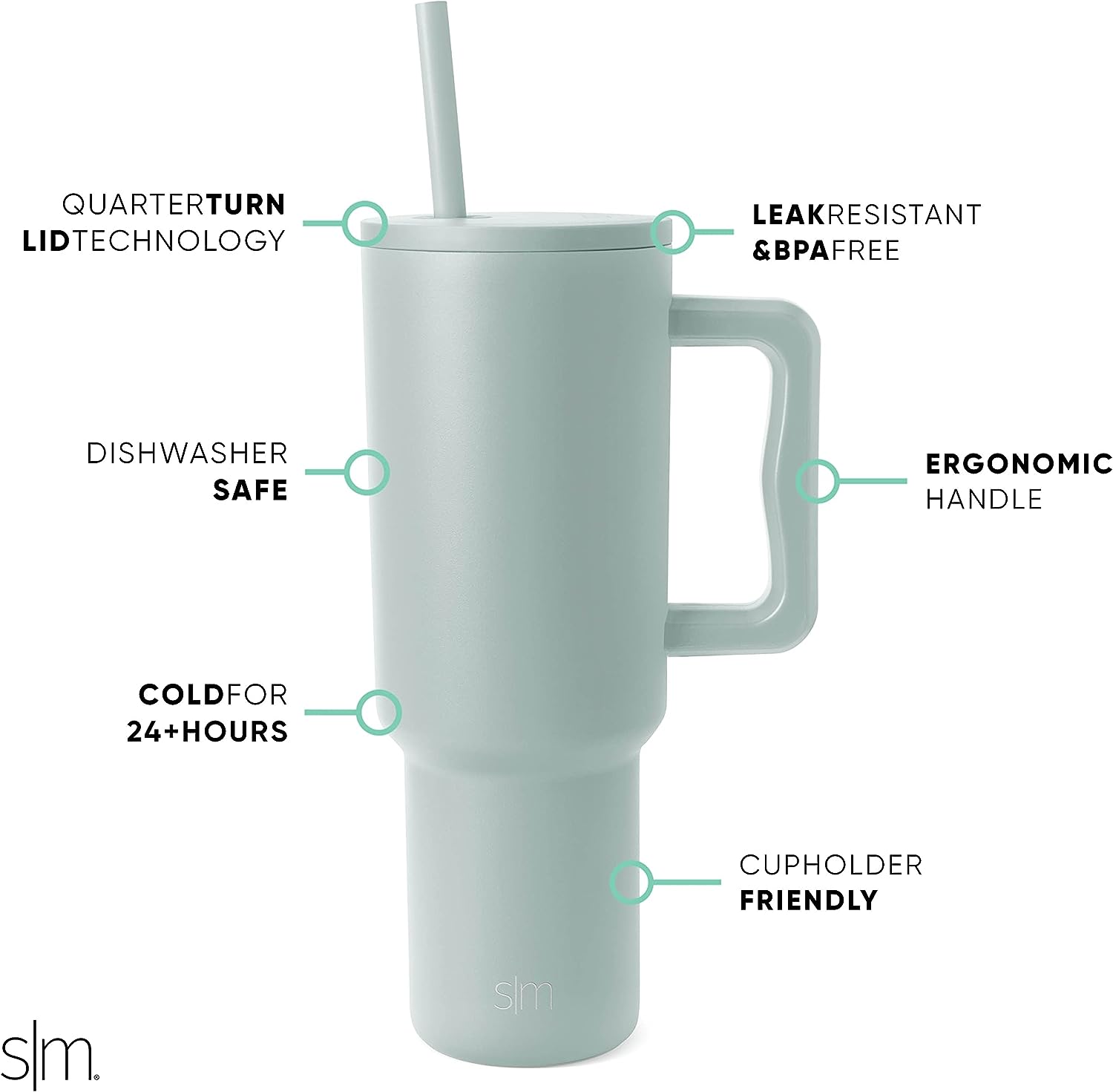 Simple Modern 40 oz Tumbler with Handle and Straw Lid | Insulated Cup Reusable Stainless Steel Water Bottle Travel Mug Cupholder Friendly | Gifts for Women Him Her | Trek Collection | Sea Glass Sage