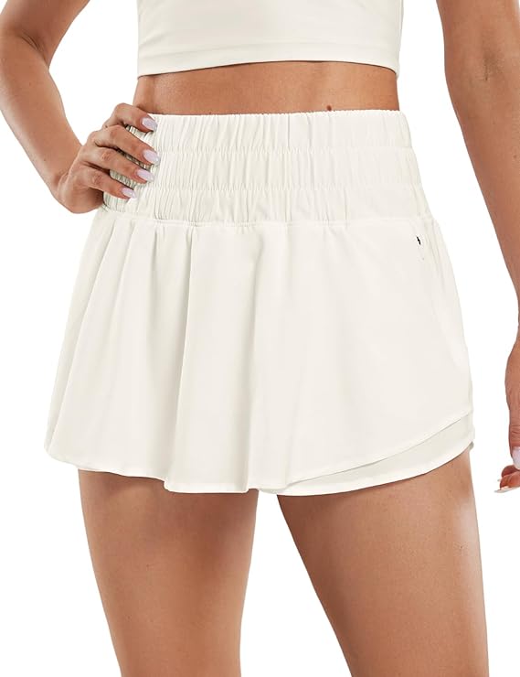 Athletic Shorts for Women High Waisted Flowy Ruffle Skirt Overlay Workout Running Tennis Shorts Zip Pocket