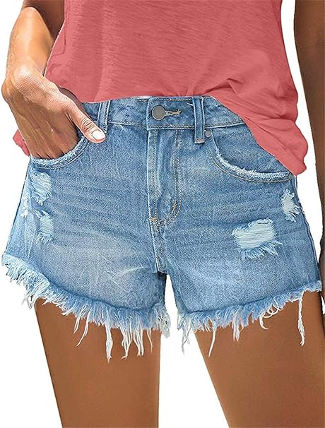 Frayed Denim Shorts for Women Mid Rise Jean Shorts Ripped Raw Hem Comfy
