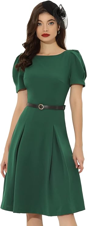 Women's Elegant Work Dress Belted Boat Neck Short Sleeve Dresses