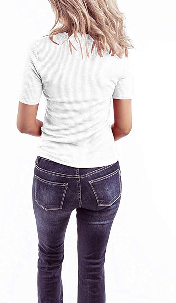 Women's Short Sleeve V Neck Ribbed Button Tops Basic Solid Color Tee Shirts