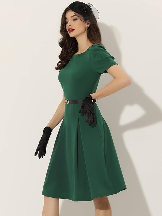 Women's Elegant Work Dress Belted Boat Neck Short Sleeve Dresses
