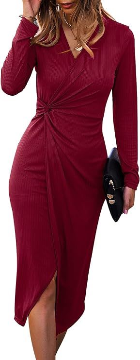 Women's Long Sleeve Dress: Midi Casual V Neck Dresses Twist Waist Ribb