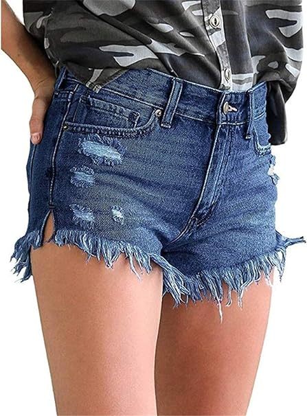 Frayed Denim Shorts for Women Mid Rise Jean Shorts Ripped Raw Hem Comfy