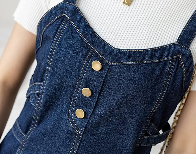 Women's Elegant Straps Back Smocked A-Line Long Skirt Denim Overall Pinafore Dress