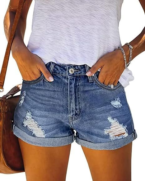 Womens Casual Ripped Denim Shorts Mid Waisted Stretchy Jean Shorts for Women