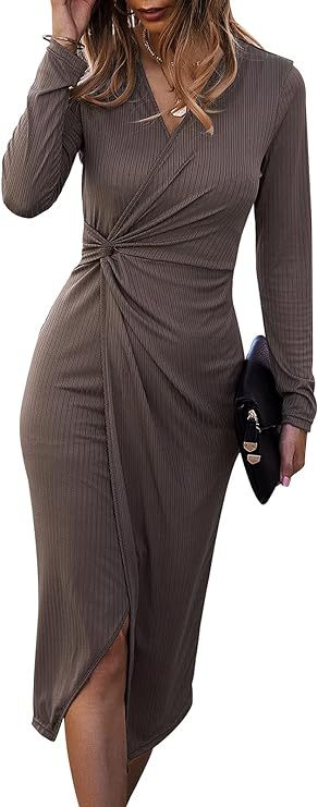 Women's Long Sleeve Dress: Midi Casual V Neck Dresses Twist Waist Ribbed Knit Bodycon Slit Cocktail Party Dress