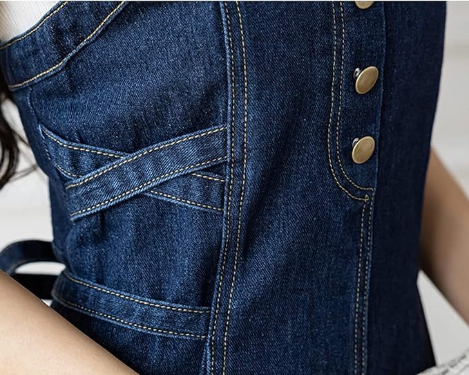 Women's Elegant Straps Back Smocked A-Line Long Skirt Denim Overall Pinafore Dress