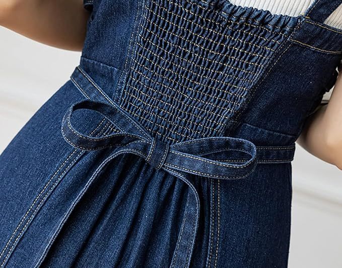 Women's Elegant Straps Back Smocked A-Line Long Skirt Denim Overall Pinafore Dress