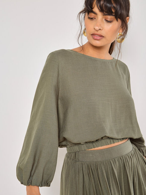 Linen Blend Bubble Hem Crop Top
