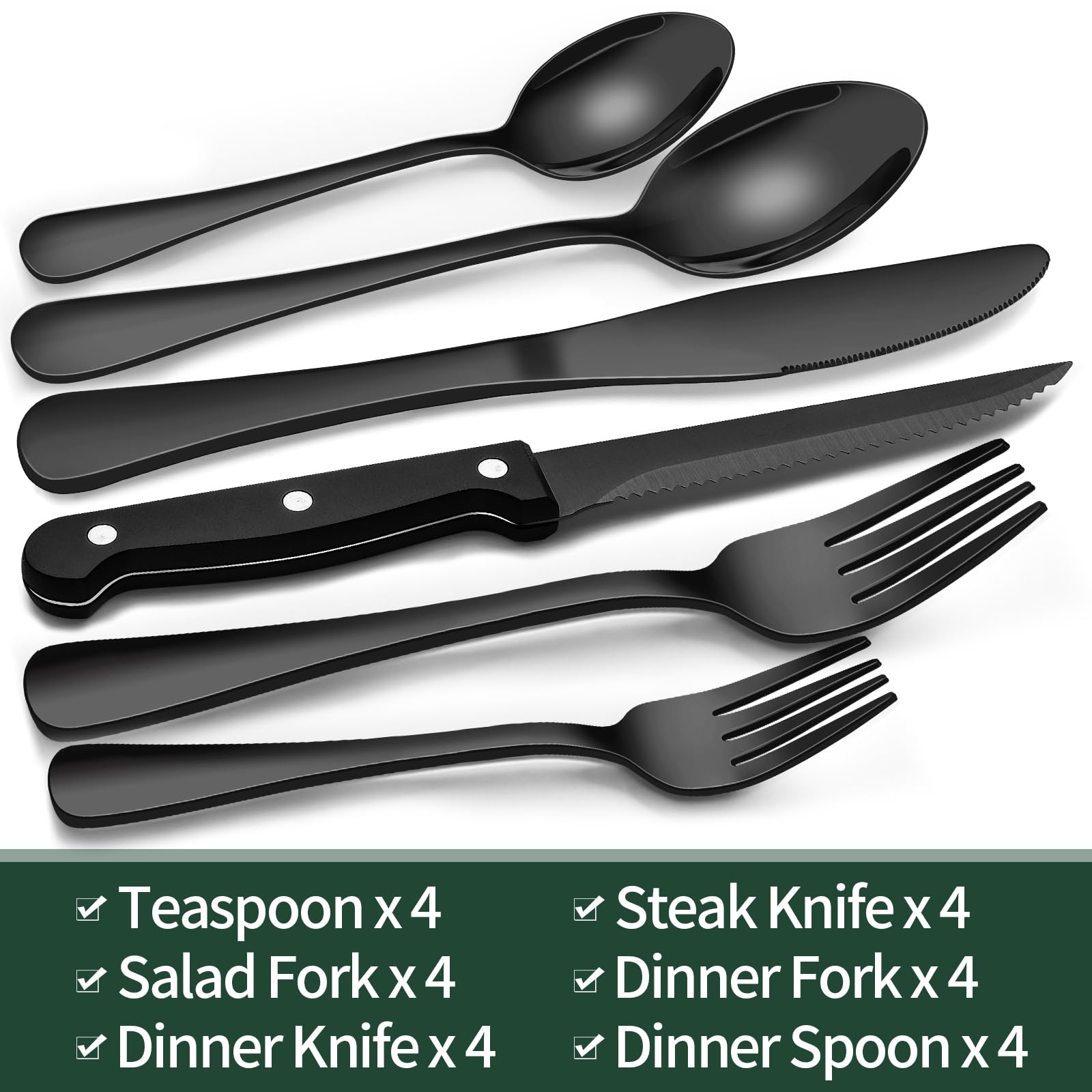 24 piece black silverware set, black dinnerware set for 4, food grade stainless steel flatware set