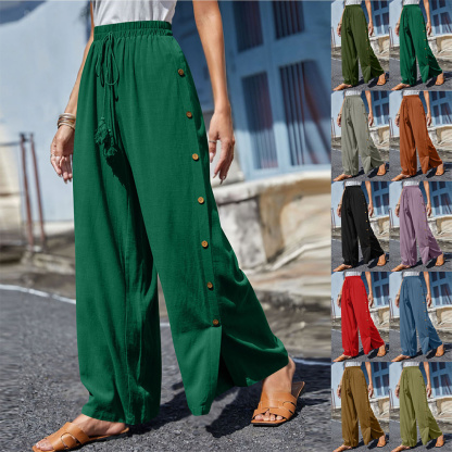 AHLSENTOP Modische Damen-Hose mit elastischem Bund und lockerem, geknöpftem weitem Bein
