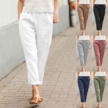 Ahlsentop™ Einfarbige, gerade Hose für Damen aus Baumwolle und Leinen mit Taschen