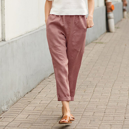 Ahlsentop™ Einfarbige, gerade Hose für Damen aus Baumwolle und Leinen mit Taschen