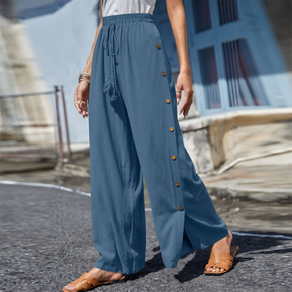 AHLSENTOP Modische Damen-Hose mit elastischem Bund und lockerem, geknöpftem weitem Bein