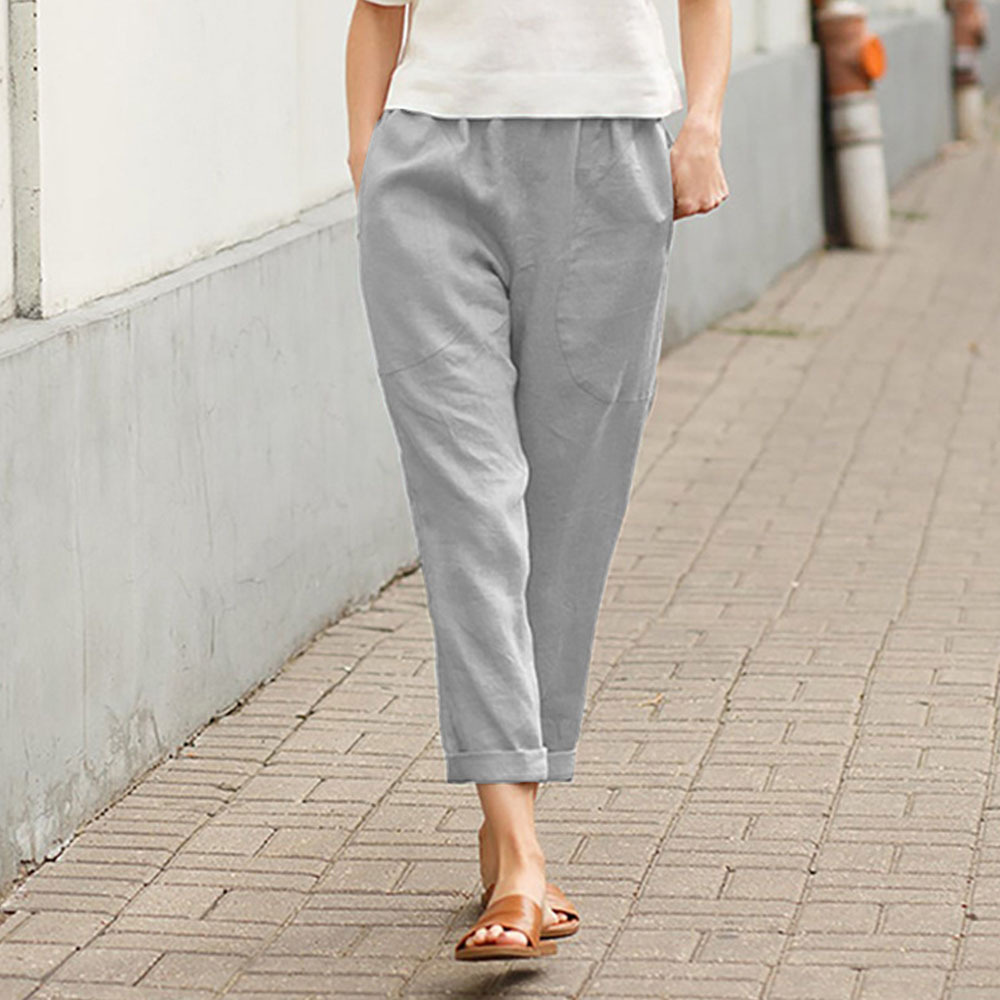 Ahlsentop™ Einfarbige, gerade Hose für Damen aus Baumwolle und Leinen mit Taschen
