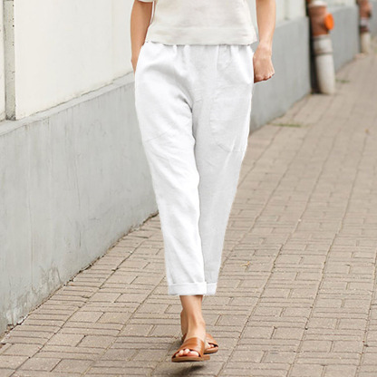 Ahlsentop™ Einfarbige, gerade Hose für Damen aus Baumwolle und Leinen mit Taschen