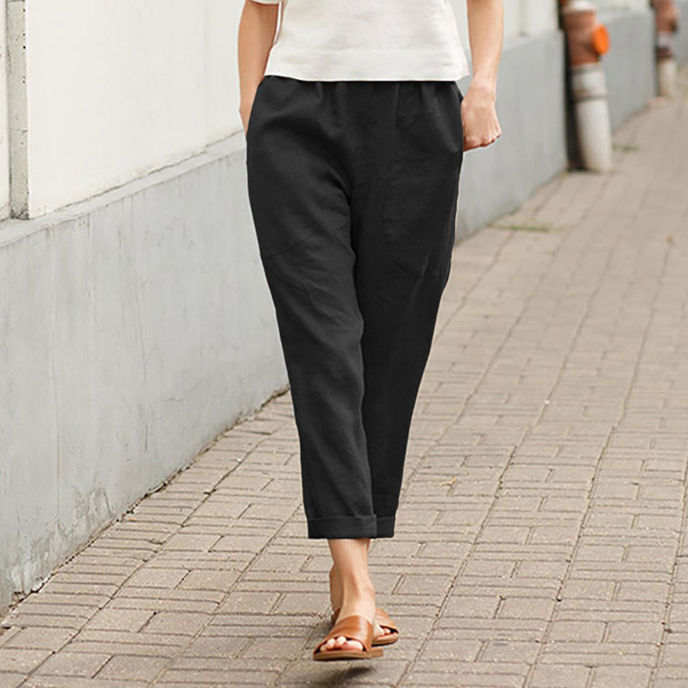 Ahlsentop™ Einfarbige, gerade Hose für Damen aus Baumwolle und Leinen mit Taschen