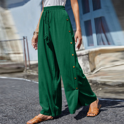 AHLSENTOP Modische Damen-Hose mit elastischem Bund und lockerem, geknöpftem weitem Bein