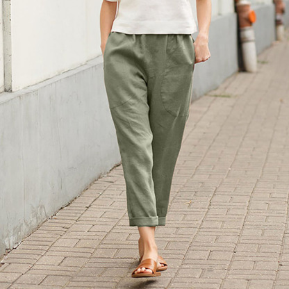 Ahlsentop™ Einfarbige, gerade Hose für Damen aus Baumwolle und Leinen mit Taschen